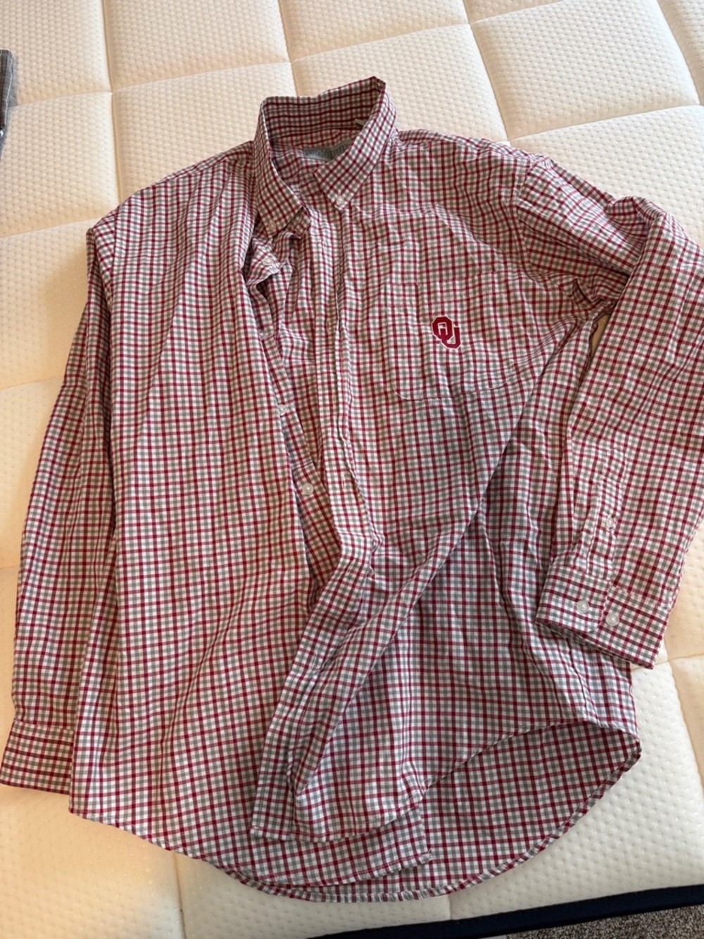 Red Plaid Long-Sleeve Button-Down Shirt with OU Logo